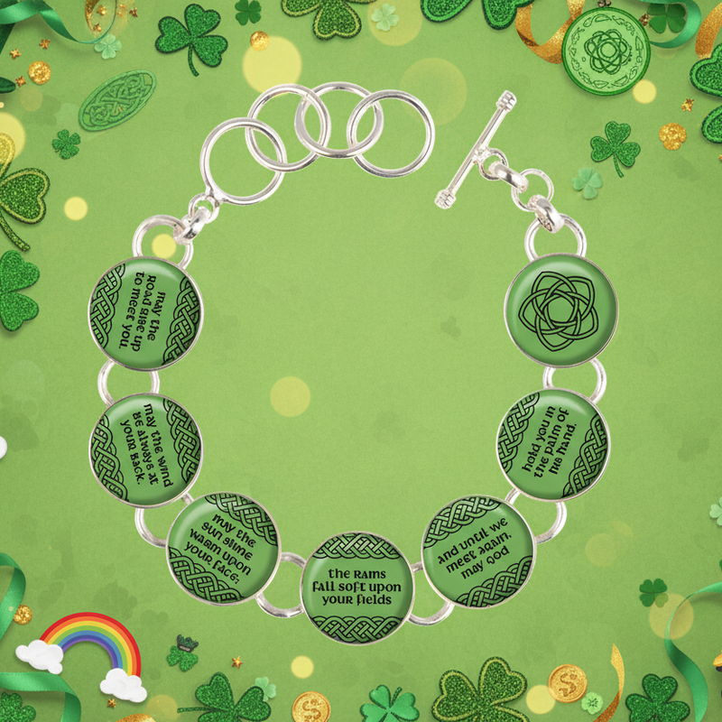 Bracelet with green charms on a St. Patrick's Day-themed background